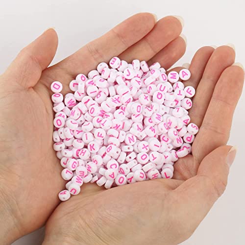 Acrylic Letter Beads Alphabet Pink Letter White Cube Beads for Friendship Bracelets and Gifts Souvenir Jewelry Making Vanlentine‘ Day Gifts(7 * 4mm Round,1000pcs) - color: Pink White(Round)
