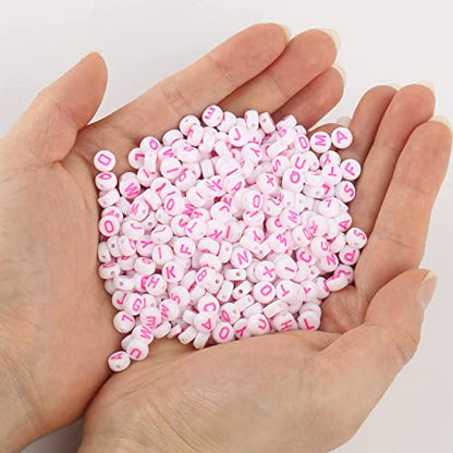 Acrylic Letter Beads Alphabet Pink Letter White Cube Beads for Friendship Bracelets and Gifts Souvenir Jewelry Making Vanlentine‘ Day Gifts(7 * 4mm Round,1000pcs) - color: Pink White(Round)