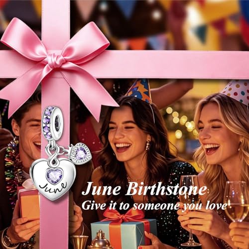 BLUELUNE Birthstone Charms, 925 Sterling Silver Dangle Charm with 5A Cubic Zirconia for Bracelets or Necklaces, Birthday, Mother's Day Present for Women - color: June