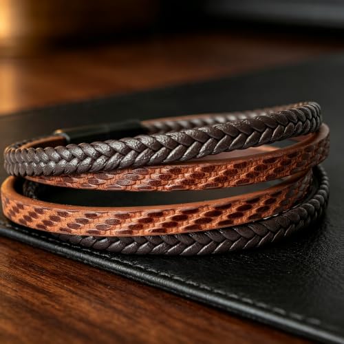 Italian Handmade Leather Bracelets for Men - color: Brown Black Set, size: 8.2"