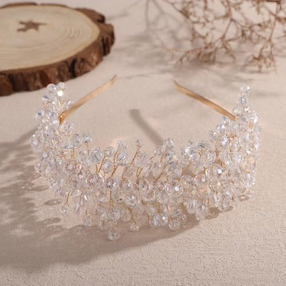 Denifery Large Crystal Headband for Wedding Bridal Hair Band Headpiece for Party Prom Hair Accessories (gold) - color: gold
