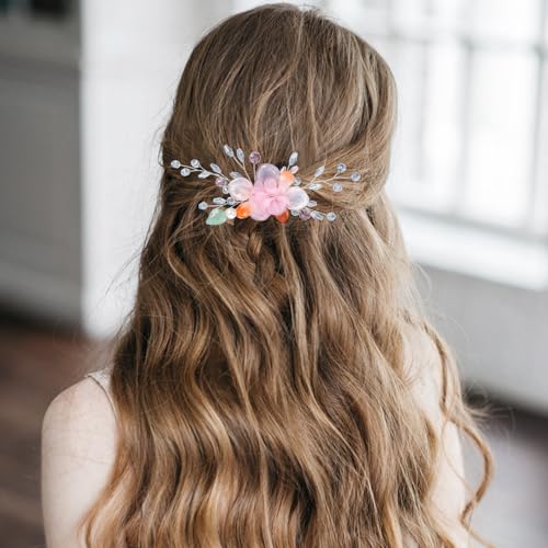 Wedding Hair Clips, Crystal Hair Pins Pearl Rhinestone Hair Barrettes, Bridal Flower Hair Pieces Pearl Headpieces Hair Accessories for Women Girls (White&Pink) - color: White&Pink