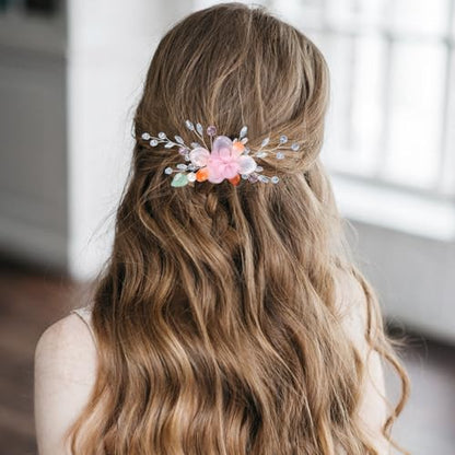 Wedding Hair Clips, Crystal Hair Pins Pearl Rhinestone Hair Barrettes, Bridal Flower Hair Pieces Pearl Headpieces Hair Accessories for Women Girls (White&Pink) - color: White&Pink