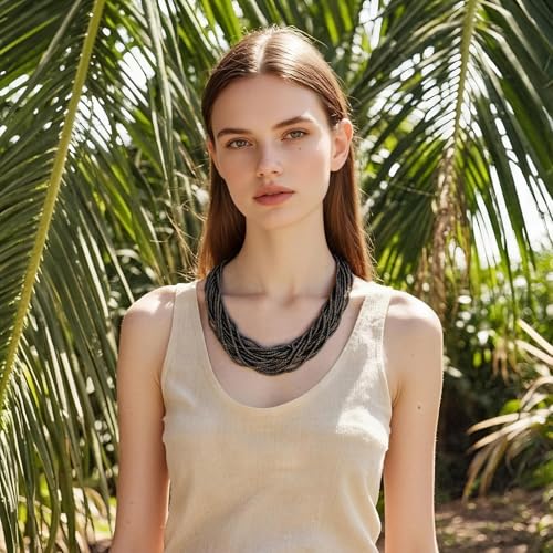 Coiris Beaded Strand Necklace for Women Boho Chunky Beaded Strand Necklace Bohemian Summer Beach Necklace Jewelry for Women(N0059-Black) - color: Ancient Bronze