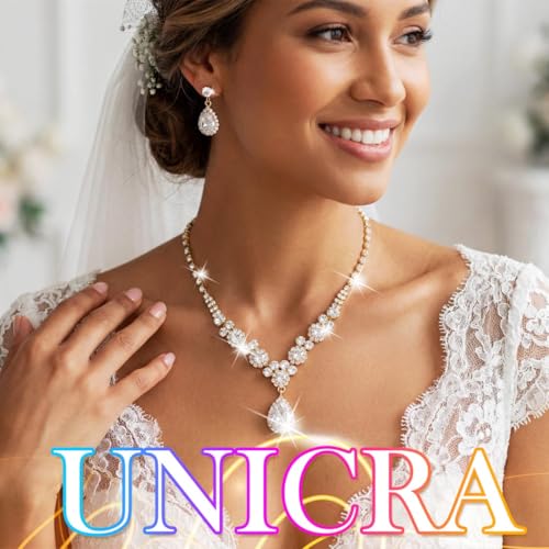 Unicra Bride Silver Bridal Necklace Earrings Set Crystal Bridal Wedding Jewelry Set Rhinestone Choker Necklace for Women and Brides - color: Gold