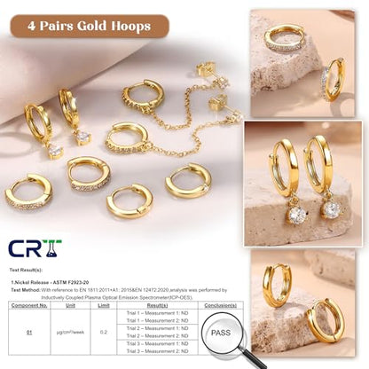 4 Pairs Small Hoop Earrings for Women 14K Gold Plated | Trendy Chain Drop Earrings Set, Hypoallergenic CZ Huggie Hoops, Lightweight Cartilage Earring Stacks - color: 14K Gold Plated-dangle hoop