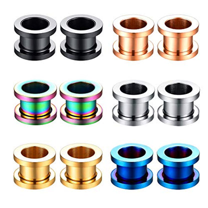12-Piece Ear Tunnels, Screw-On 316L Stainless Steel, 12G-22mm | Polished surgical steel tunnels with secure screw-on double flares, colorful body piercing jewelry for women and men - style: 1/2" = 12mm