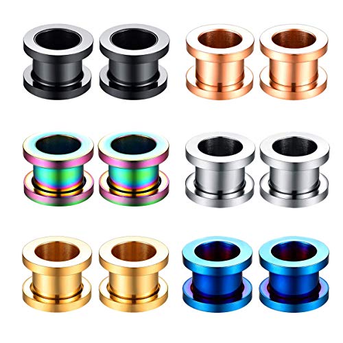 12-Piece Ear Tunnels, Screw-On 316L Stainless Steel, 12G-22mm | Polished surgical steel tunnels with secure screw-on double flares, colorful body piercing jewelry for women and men - style: 4G = 5mm