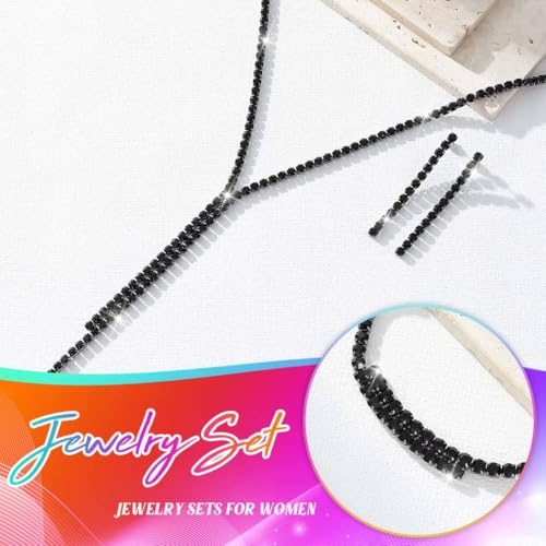 Silver Bridal Wedding Jewelry Sets Rhinestone Necklace Earrings Bracelet Set Prom Formal Costume Jewelry Sets for Women and Brides - color: Black
