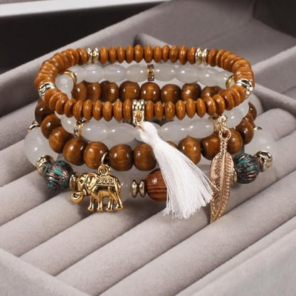 4Pcs Bohemia Multilayer Stackable Elephant Leaf Tassel Bracelets Colorful Wooden Resin Beaded Stretch Bracelets for Women Men Summer Beach Boho Vacation Hawaii Jewelry Gifts - style: StyleA