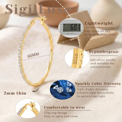 2MM S925 Sterling Silver Post Cubic Zirconia Hoop Earrings Hypoallergenic | 14K Gold Plated - color: Gold-60MM