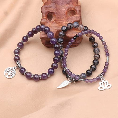 Tree of Life Yoga Healing Stone Bracelets,Multilayer Lotus Chakra Stone Reiki Bracelet Sets,Anxiety Crystal Natural Stone,for Women Stress Relief - style: Amethyst+Dragon's Vein Agate