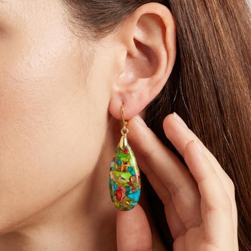 Natural Healing Teardrop Stone Leverback Dangle Drop Earrings Statement Gold earrings - color: Colorful -Gold
