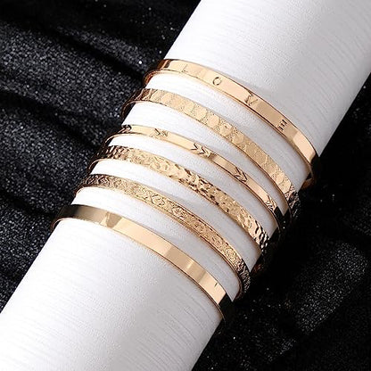 Golden Bangle Bracelets Set for Women, 14k Gold-Plated Multi Layer Stackable Cuff Bracelets, Personalized Boho Non Tarnish Adjustable Bangle Jewelry Gift for Her - color: 6PCS Love
