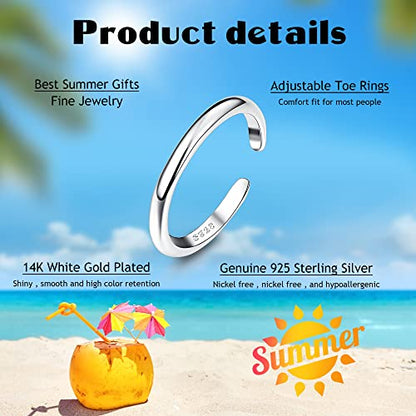 FIASASO 925 Sterling Silver Toe Rings for Women Adjustable 14K White Gold Plated Flower Cz Snake Twist Opal Band Rings Summer Beach Open Toe Rings Foot Jewelry - style: band
