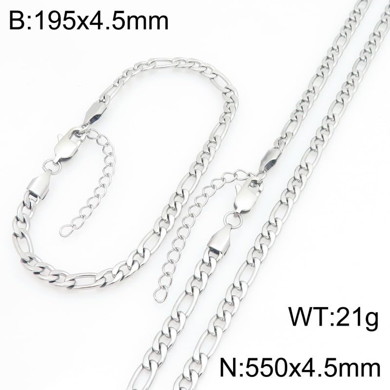 Kemstone Stainless Steel Figaro Cuban Bracelet Necklace Set for Men Women Jewelry - color: Silver 03