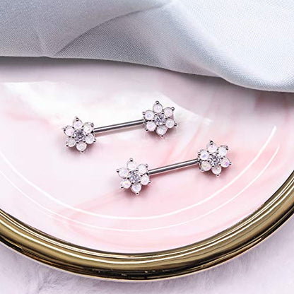 14G Opal Flower CZ Nipple Barbell Nipple Ring Piercing Jewelry for Women - color: silver