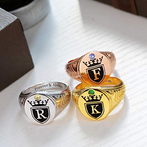 Getname Necklace Initial Signet Ring Sterling Silver King Crown Monogram Ring - Custom Engraved Alphabet Rings for Man - Personalized Mens Signet Ring Silver Gold
