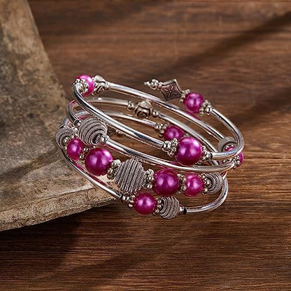 PEARL&CLUB Beaded Chakra Bangle Turquoise Bracelet - Fashion Jewelry Wrap Bracelet with Thick Silver Metal and Mala Beads, Birthday Gifts For Women - color: Fuchsia