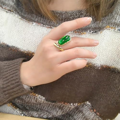 Vintage Imitation Emerald Green Stacking Statement Ring for Women Gold Plated Chunky Wide Geometric Birthstone Adjustable Expandable Open Wrap Rings Comfort Fit Retro Birthday Christmas Jewelry Gift