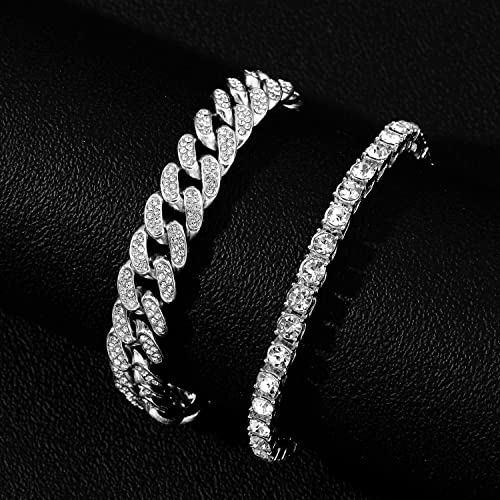 HH BLING EMPIRE 14K Gold and Silver Bracelets Diamond Tennis and Cuban Link Bracelet for Men Women Hip Hop Jewelry - color: Set A-Silver, size: 7.5"