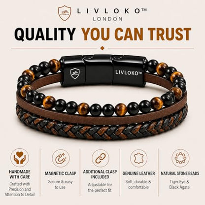 LONDON Mens Bracelet Leather Black Multi-Layer Stone Beads Adjustable Steel Clasp Viking Rope Bands Surfer Man Wristband Male UK Jewellery Gift box Boyfriend Dad Son Brother Tiger Eye - color: B. 19-22cm Black Brown Tiger-Eye Adjustable, size: Small to Me