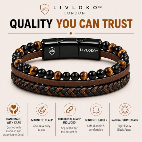 LONDON Mens Bracelet Leather Black Multi-Layer Stone Beads Adjustable Steel Clasp Viking Rope Bands Surfer Man Wristband Male UK Jewellery Gift box Boyfriend Dad Son Brother Tiger Eye - color: B. 19-22cm Black Brown Tiger-Eye Adjustable, size: Large to Ex