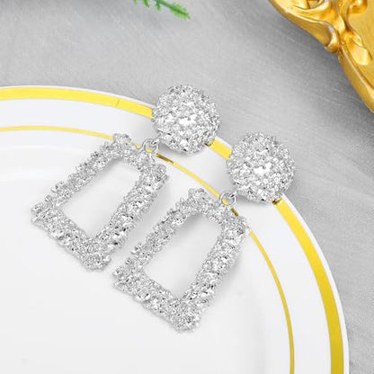 Clip on Earrings for Women, Big Statement Geometric Earrings Large Shiny Drop Dangle Earrings Non Pierced (Gold/Silver/Hot Pink) - color: Silver