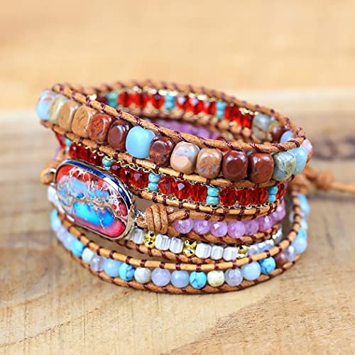 Women Wrap Bracelet Boho Natural Jasper Crystal Stone Beads Strand Bracelets - color: Style 12-Emperor Stone