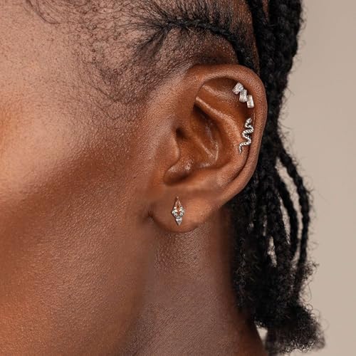 G23 Titanium 16G Tragus Conch Piercing Jewelry Flat Back Stud Earrings | Hypoallergenic CZ Nose Dangle Helix Medusa Lip Labret Body Piercing Jewelry, 14K Gold Plated, Silver, 6 and 8 mm Post Length - color: Majesty-Titanium