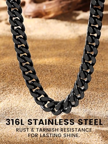 Bestyle Thick Stainless Steel Mens Cuban Link Chain, Black/Gold Chain for Men, No Tarnish & Durable Men Chain Necklace, 5/7/9/12mm Wide, 18"-30" Long, Gift Package - style: c. 12mm-Black