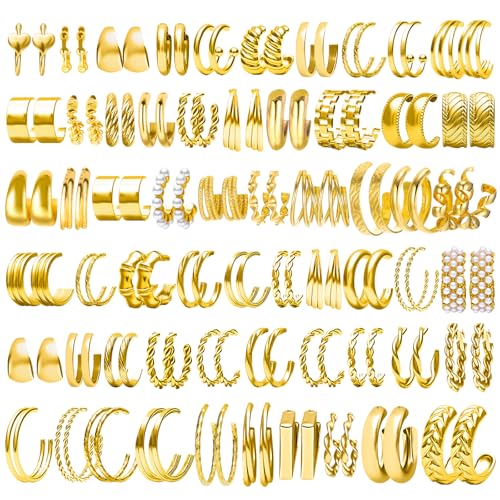 NEWITIN 69 Pieces Gold Jewelry Set for Women Fashion Costume Jewelry Gold Plated Necklace Bracelet Earrings Set for Women - color: Gold Hoops Set