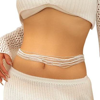 8Pcs Colorful Beads Waist Chain Sets Summer Beach Multi-layered Beaded Belly Chain Sexy Bikini Elastic Adjustable Waist Body Chain Beads Body Accessories Jewelry for Women - style: White