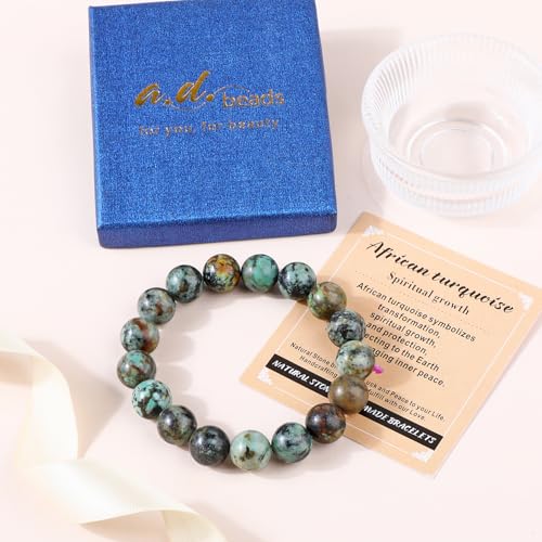 AD Beads Handmade Gemstone Stretch Elastic Bracelet Crystal Healing Reiki Nature's Beauty and Spiritual Essence Unisex (12mm, African Turquoise (Spiritual growth)) - color: African Turquoise (Spiritual Growth), size: 12mm