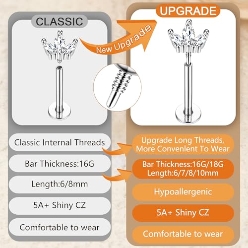 YADOCA 16G 18G Helix Flat Back Tragus Piercing Jewelry Earrings for Women | Hypoallergenic Surgical Steel Cartilage Earrings Daith Conch Medusa Nose Piercing Jewelry Gold Stud Earrings Set 6 7 8 10 MM - color: Silver, size: 16G(1.2MM)-6MM-New