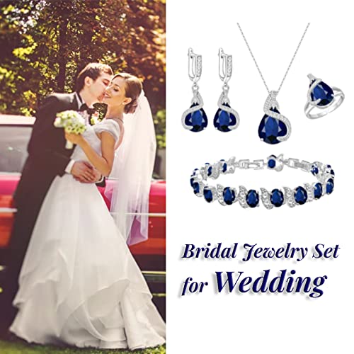 GZWHD Jewelry Set for Women Water Drop Cubic Zirconia Artificial Crystal Earrings Pendant Necklace Open Ring Tennis Bracelet Wedding Anniversary Birthday Engagement Gift for Bridesmaid Wife Girlfriend Friend - color: Blue