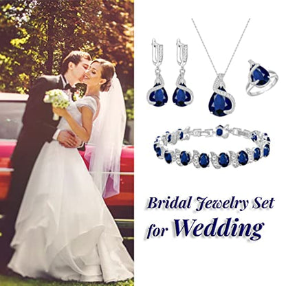 GZWHD Jewelry Set for Women Water Drop Cubic Zirconia Artificial Crystal Earrings Pendant Necklace Open Ring Tennis Bracelet Wedding Anniversary Birthday Engagement Gift for Bridesmaid Wife Girlfriend Friend - color: Blue