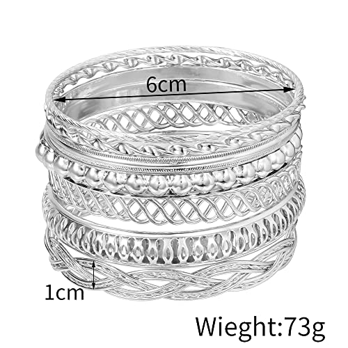 COLORFUL BLING 5-12Pcs Boho Indian Bangles for Women Twisted Chunky Stackable Cuff Bangle Statement Jewelry Handcuffs Wedding Layered Cable Smooth Bracelets Set - color: 7pcs silver