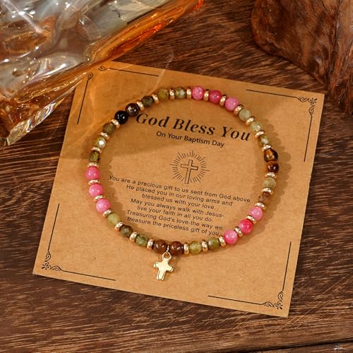 Christian Colorful Natural Gemstones Stone Seed Beaded Bracelets for women Men, Handmade Gold Cross Healing Crystal Jewelry, Lucky Amulet Faith Daily Party Friendship Holiday Gift - color: Pink Quartz