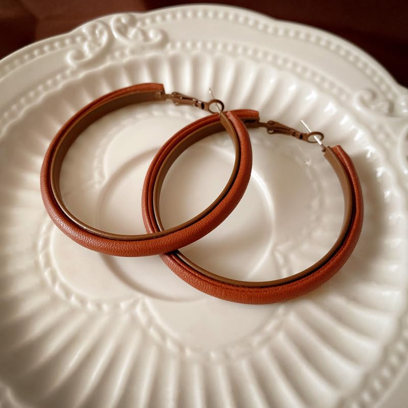 Hoop Earrings for Women Leather Hoop Earrings-Medium/Large Hoops-Lightweight hoop - color: Brown