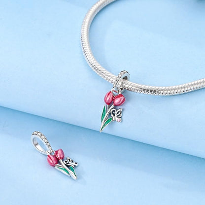 925 Sterling Silver Charm for Bracelet Necklace Women Dangle Pendant Beads | Love Faith Mom Ocean travel Butterfly Party Charm Beads Pendants DIY Jewelry Gift - color: tulip butterfly charm