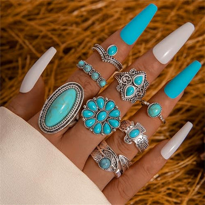 Bohemian Turquoise Ring Set for Women,Vintage Western Rings Chunky Turquoise Opal Stackable Knuckle Ring Set Punk Midi Finger Ring Pack Boho - style: Ring set-D