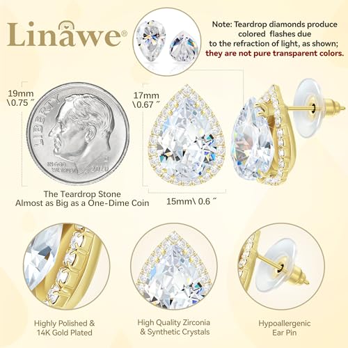 Linawe Women Stud Earrings, Teardrop Diamond Moissanite Cubic Zirconia Earrings Studs Rhinestone Jewelry Gold/Silver/Rose Gold - color: Gold,April
