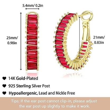 Trendy 14K Gold Plated Hoop Earrings for Women, Chunky Gold/Silver Earrings for Women Cubic Zirconia Baguette Hoop Earrings Heart Hoops Lightweight Hypoallergenic Jewelry,25mm/35mm/40mm/50mm - color: 01 Gold Red Hoops 25mm