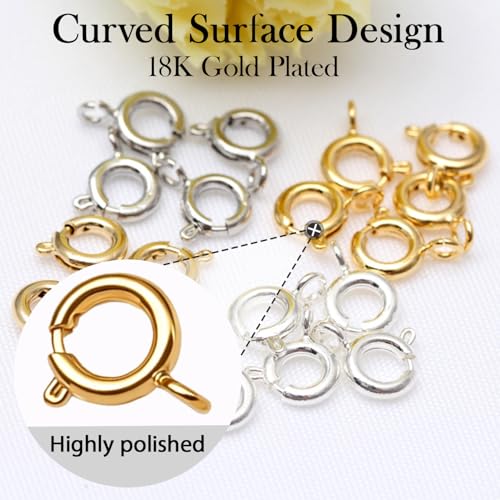 stino 100Pcs Small Spring Round Jewelry Clasps (18K Gold Plated) | Brass, High Polished, Necklaces & Bracelets Findings - color: 18K Gold Plated