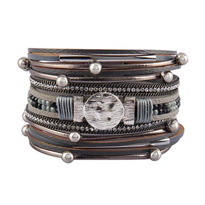 GelConnie Leather Wrap Bracelet Boho Cuff Bracelets Crystal Leather Bracelet Magnetic Multi Strand Bracelets Bohemian Bracelet Leather Wristbands Bangle Jewelry for Women Teen Wife Mother - color: leather bracelet