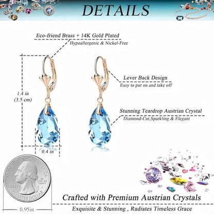 Austrian Crystal Teardrop Leverback Dangle Earrings for Women Fashion 14K Gold Plated Hypoallergenic Jewelry - color: Aquamarine