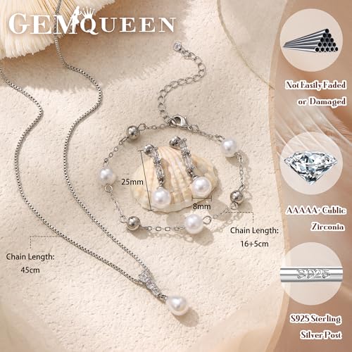 14K Gold Plated Pearl Jewelry Set 925 Sterling SIlver Post | Dainty Dangle Earrings Adjustment Pearl Necklace Bracelet Wedding Jewelry Sets for Bride Bridesmaid Trendy - color: Silver 1