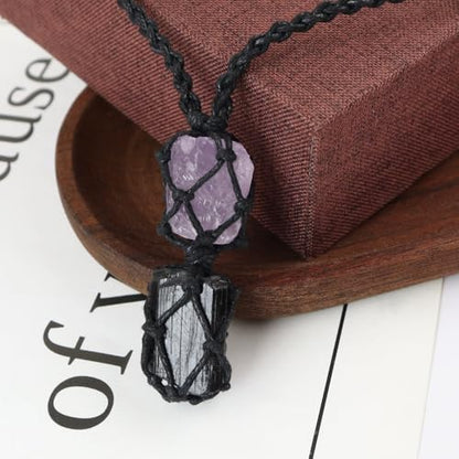 Anjiucc Handmade Crystal Cage Holder with Raw Gemstone Pendant Necklace Natural Stone Healing Crystal Necklace Adjustable Length - color: Tourmaline+Amethyst