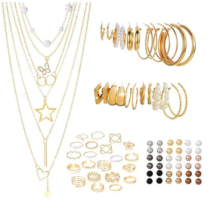 57 Pcs Gold Jewelry Set for Women,12 Pair Hoop Earrings，18 Pair Round Stud Earrings,21 Pcs Stackable Knuckle Rings,6 Pcs MultiLayer Pendant Necklaces，Fashion Accessories for women Gifts - style: Style 1